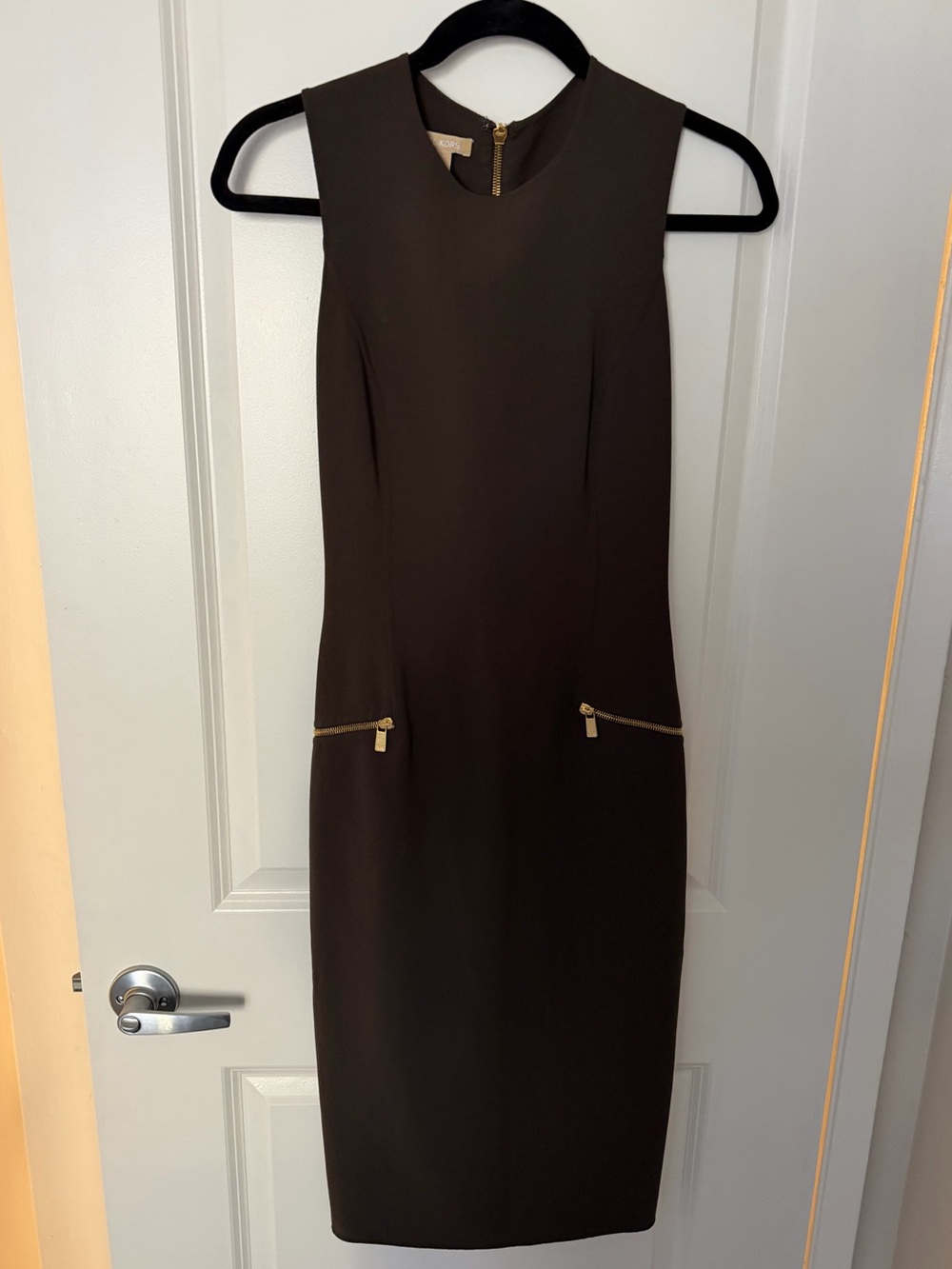 Calvin Klein Brown Sleeveless Sheath Dress with Gold Zip Accents Size 4